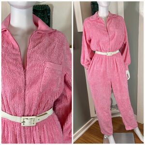 Vintage 80s 90s Bubblegum Pink Chenille Jumpsuit S/M/L Leisure Life terrycloth